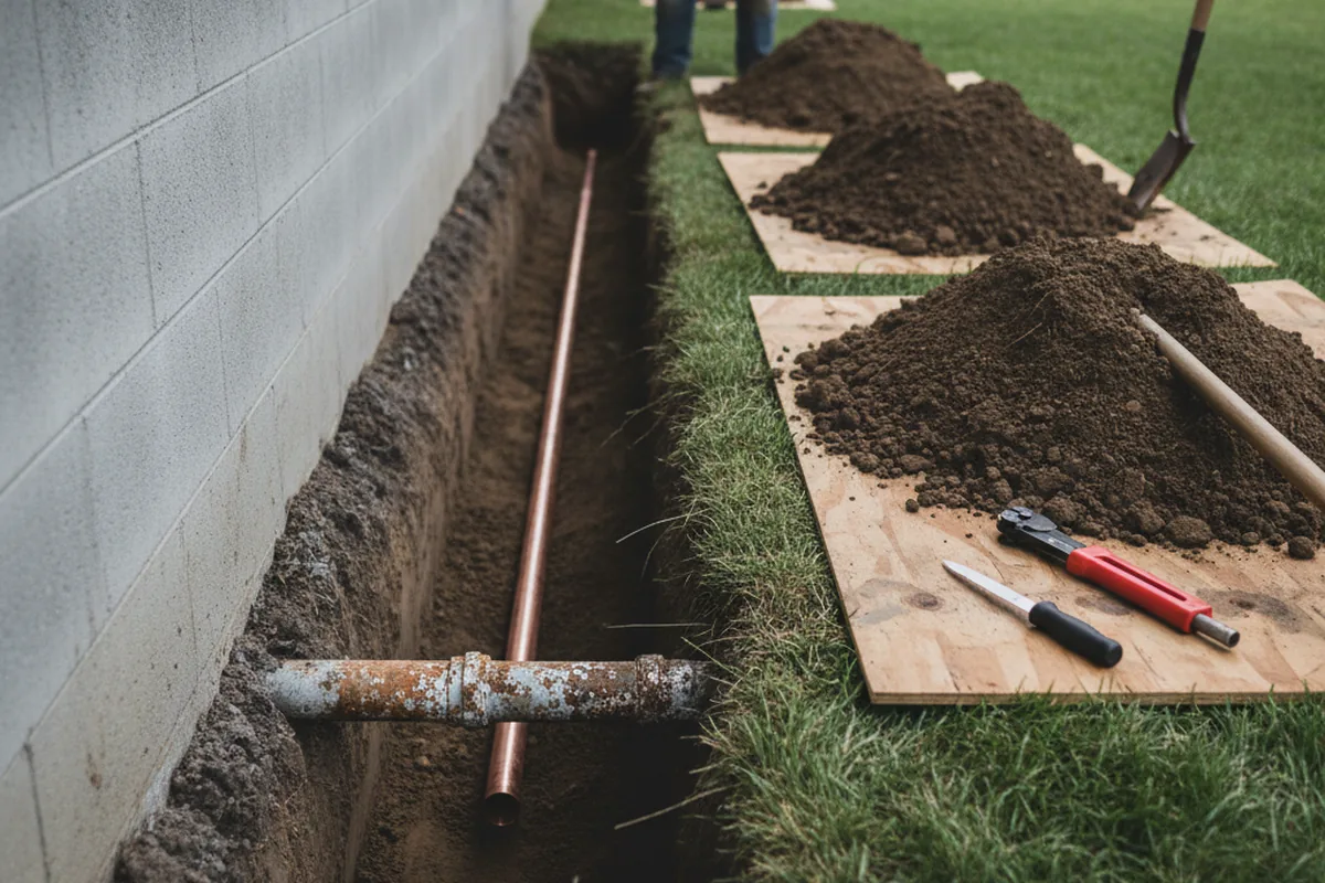 Excavated water line trench during Sewer Line Repair in Lander
